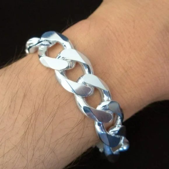 NEW 15mm SOLID 925 Sterling Silver Curb Bracelet, Top Quality Gift for Men ITALY - Picture 3 of 5